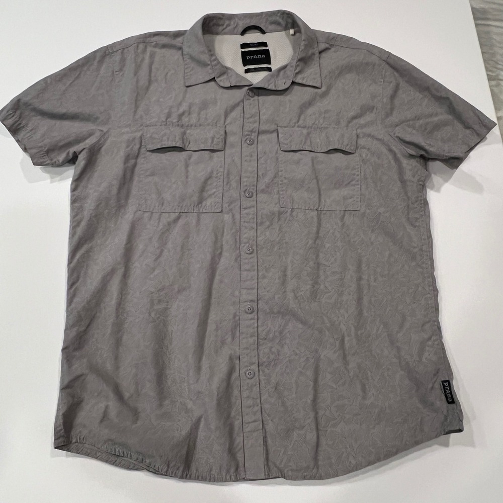 prAna Slim L Gray Tonal Geometric Utility Hiking Travel Button-Up Shirt